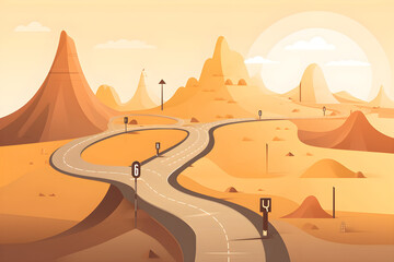 a road in the desert among the dunes featuring a roadmap to represent the journey of starting business, Generative AI