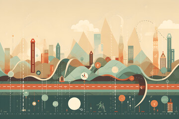 silhouette of a city along a road featuring a timeline to represent the journey of something growing, Generative AI