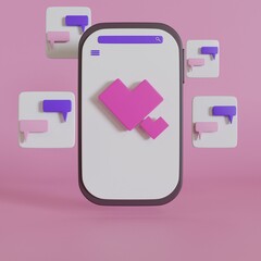 3D social media smartphone with heart and chat platform, online social communication application on pink background. 3d render illustration