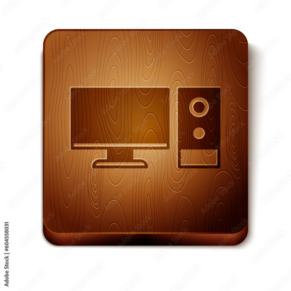 Poster brown computer monitor icon isolated on white background. pc component sign. wooden square button. v