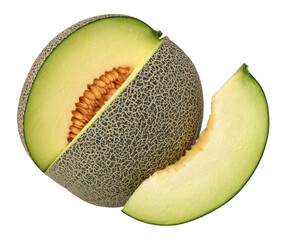 Sweet Green melons or cantaloupe and slices isolated, transparent png, PNG format, cut-out
