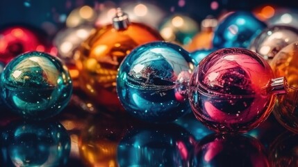 Christmas decoration bauble ball. Christmas and New Year background. Festive seasonal Christmas bright background. Holiday poster and banner, greeting card. generative ai