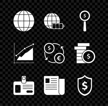 Set Earth globe, Battery charge level indicator with earth, Magnifying glass and dollar symbol, Identification badge, File document, Shield, Pie chart infographic and Money exchange icon. Vector
