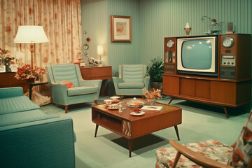 Retro television from the sixties, old fashioned vintage living room illustration, generative AI unreal tv models