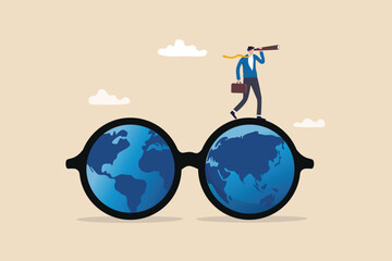Global or world business vision, international business opportunity, searching for job, career or working abroad concept, businessman look through telescope on eyeglasses with world map. - obrazy, fototapety, plakaty