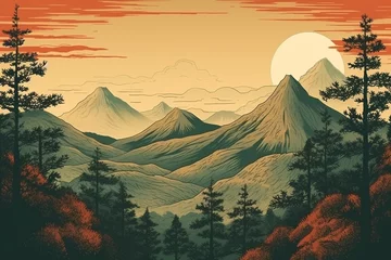 Cercles muraux Gris 2 Abstract mountains and sun landscape illustration in Japanese vintage art style. Generative AI