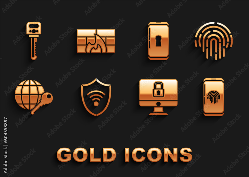 Poster set shield with wifi wireless internet network, fingerprint, smartphone fingerprint scanner, lock co