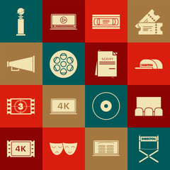 Set Director movie chair, , Cap with inscription director, VHS video cassette tape, Film reel, Megaphone, Trophy Golden Globe and Scenario icon. Vector
