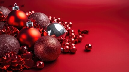 Christmas decoration bauble ball. Christmas and New Year background. Festive seasonal Christmas bright background. Holiday poster and banner, greeting card. generative ai