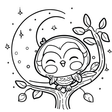 Coloring book for adult and older children. Coloring page with cute owl and flowers. Outline drawing style