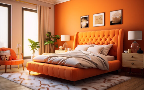 Charming Orange Bedroom with Designer Accents, Generative AI	
