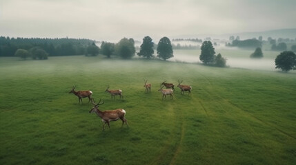 Naklejka na ściany i meble Herd of Deer grazing on the grass in a cloudly day. Generated AI