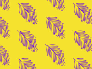 Yellow seamless pattern with purple palm leaves