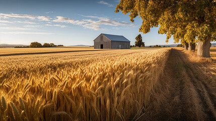 Wooden barn surrounded by golden wheat field with blue sky on horizont. Generated AI