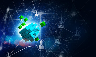 Concept of Internet and networking with digital cube figure on dark background