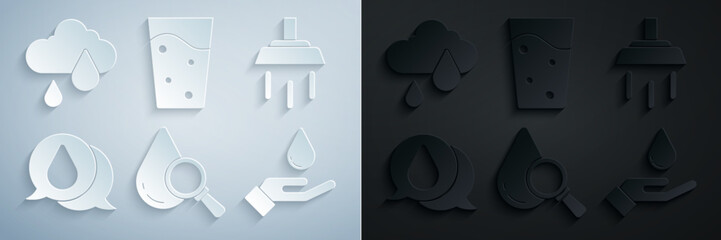 Set Drop and magnifying glass, Shower, Water drop, Washing hands with soap, Glass water and Cloud rain icon. Vector