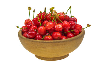 red cherries in a wooden bowl price on a transparent background. png