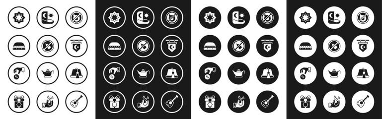 Set No pig, alcohol, Muslim hat for prayer, Octagonal star, Star and crescent, Ramadan fasting, Turkish and Donate pay your zakat icon. Vector