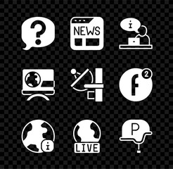 Set Speech bubble chat, News, Television report, World news, Live, War journalist, Breaking and Radar icon. Vector