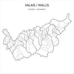 Vector Map of the Canton of Valais (Wallis) with the Administrative Borders of Districts (Bezirke) and  Municipalities (Communes/Gemeinde) as of 2023 - Switzerland (Suisse/Schweiz)
