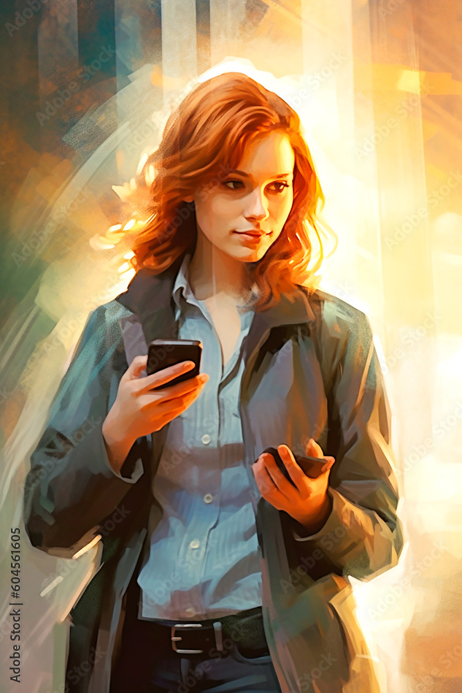 Wall mural Graphic representation of an attractive woman with a smartphone in her hand. AI generativ.