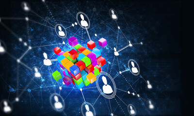 Concept of Internet and networking with digital cube figure on dark background
