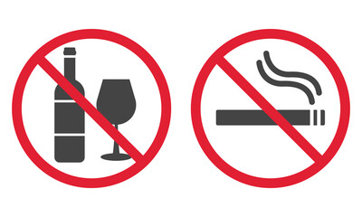 No drink, no smoking poster. Forbidden pictogram. Red stop circle symbol. No allowed sign. Prohibited zone. Vector illustration isolated on white background - obrazy, fototapety, plakaty
