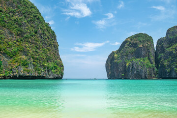 beautiful seascape view with rocky mountains and blue sky at Maya Bay