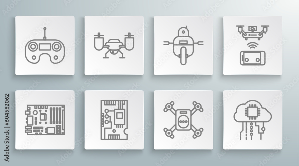 Poster set line electronic computer components motherboard digital chip, drone flying with action camera, i