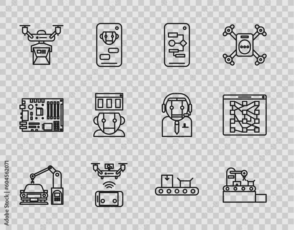 Poster set line industrial machine robotic robot arm hand, algorithm, remote aerial drone, drone delivery c