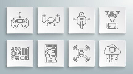 Fototapeta premium Set line Electronic computer components motherboard digital chip, Drone flying with action camera, Internet of things, Robot, Remote aerial drone and control icon. Vector
