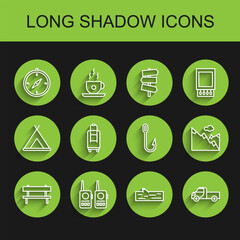 Set line Bench, Walkie talkie, Compass, Wooden log, Pickup truck, Suitcase, Mountains and Fishing hook icon. Vector