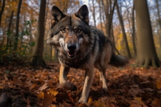 Adorable wolf in the forest. Generative AI