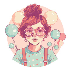 Portrait of a girl in  glasses with  air balloons, flat vector illustration