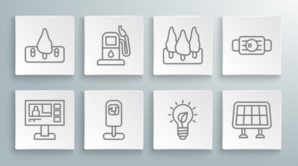 Set line Television report, Petrol gas station, Trash can, Light bulb with leaf, Solar energy panel, Forest, Medical protective mask and Deforestation icon. Vector