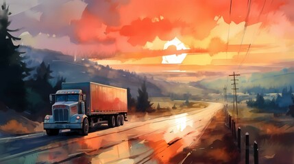 Naklejka na ściany i meble Truck on the road, with mountains and forest in the background. Generative AI