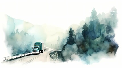 Fototapeta na wymiar Truck on the road, with mountains and forest in the background. Generative AI