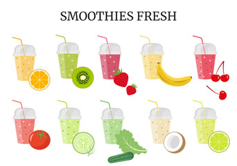Set of vector icons of fruit and vegetable smoothies in plastic glasses on a white background. Flat design.