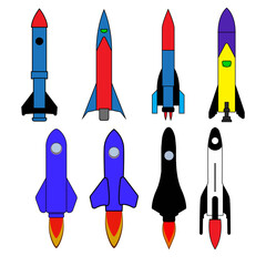 Space rocket start up launch symbol technology flat design icons set template vector illustration