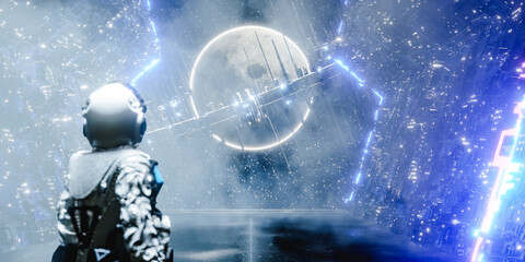 Astronaut in spaceship admiring moon with scifi ring. 3d render