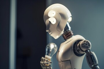 A robot with artificial intelligence holds an electric light bulb in its hands and looks intently at it, generative AI.