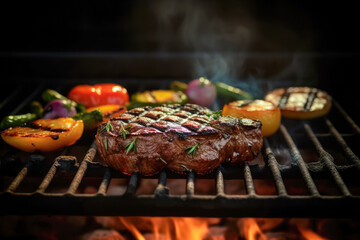 Beef steak spices and vegetables on the grill with flames. Gourmet food. Delicious food. Generative AI