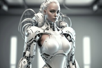 Naklejka premium Half robot half human, human robot head with half human head, generative AI.