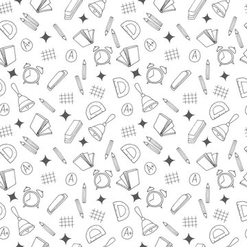 Back to school doodle seamless pattern. Hand drawn background with school supplies and creative elements. Vector illustration.