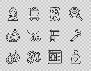 Set line Earrings, Bag with gems, Tooth diamond, Gem stone, Consultant of jewelry store, Locket necklace, Jewelry online shopping and Jewelers lupe icon. Vector