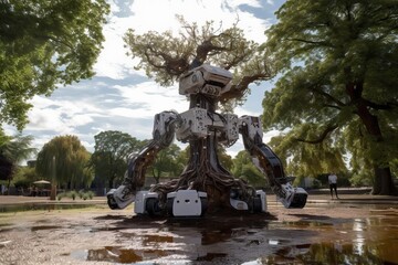 Fototapeta na wymiar A robot equipped with an irrigation system waters the trees in the park, generative AI.