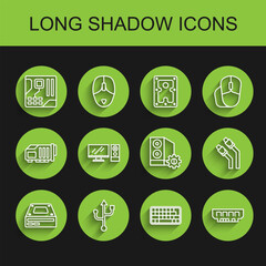 Set line Optical disc drive, USB, Motherboard digital chip, Keyboard, RAM, random access memory, Computer monitor, LAN cable network internet and Case of computer icon. Vector