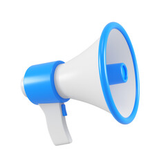 Blue megaphone isolated. Close up breaking news metaphor, disclosure of information concept. 3d rendering.