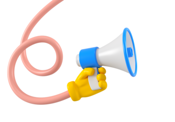 Cartoon character flexible twisted hand with megaphone isolated. Close up breaking news metaphor, disclosure of information concept. 3d rendering.