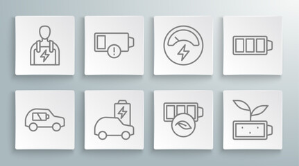 Set line Electric car, Low battery, Eco nature leaf, Voltmeter, Battery charge and Car mechanic icon. Vector